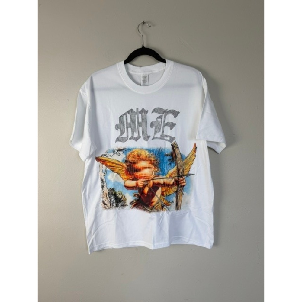 ME Emotion Cherub Angel Rhinestone Graphic T-Shirt White Large Streetwear Tee